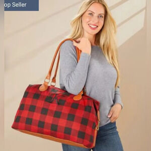 - Lakeside Collection Monogramed Red and Black Plaid Overnight Bag Letter “T”